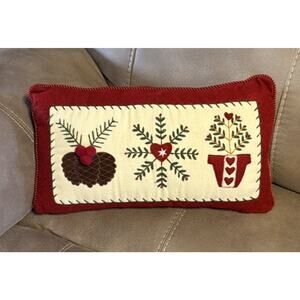 Christmas Holiday Felt Rectangular Accent Pillow Ivory Red 16x9" Holly Snowflake